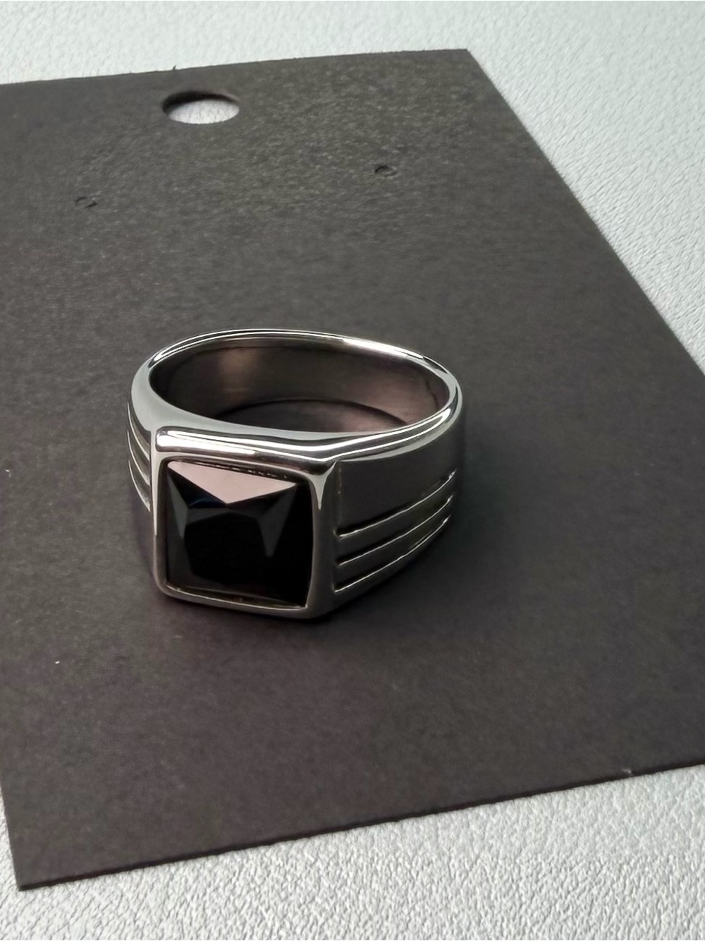 Men's Stainless Steel Ring with Black Stone